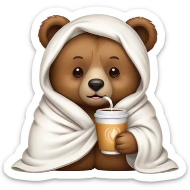 Bear wrapped in a white blanket drinking coffee sticker