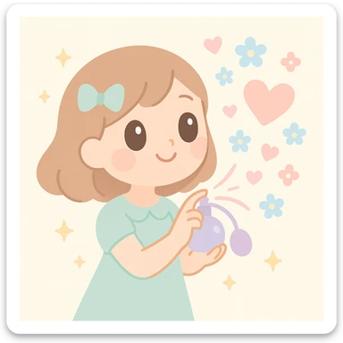 a whimsical scene of a girl spraying perfume, with the mist forming heart and flower shapes, in a dreamy, enchanting style sticker
