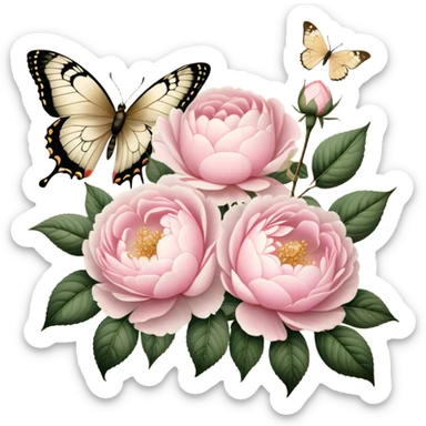 A vintage-inspired botanical illustration on aged parchment, featuring meticulously hand-drawn soft pink roses and lush white peonies with golden ink accents, while a pearl butterfly appears as if painted delicately onto the page.
 sticker
