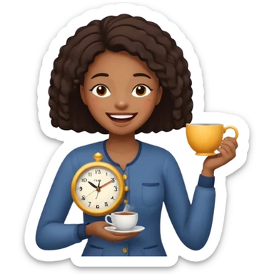 a black girl laughing with her eyes closed with a clock and tea in her hands with her eyes closed sticker