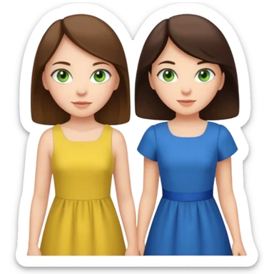 A brunette sister with green eyes and a brunette sister with green eyes in different clothes standing happily sticker