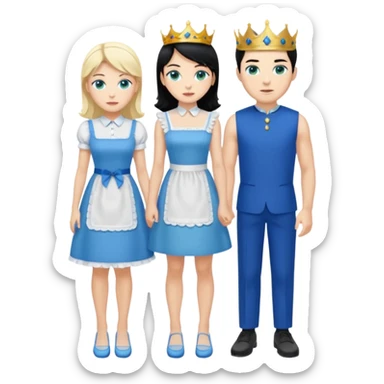 King, black hair, body, legst, blue eyes, blue garmont,  shoes, blonde maid, green eyes, sexy short sleveless White dress, shoes sticker