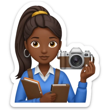journalist dark skin woman ponytail holding camera and notebook sticker
