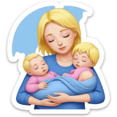 Mother is holding a baby, the mother has yellow hair and pink clothes, the baby is sleeping in blue clothes sticker