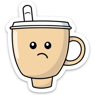 A very sad cup of coffee holding up the middle finger sticker
