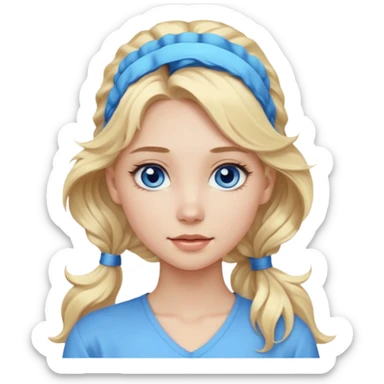 A pale girl with blue eyes and long and blonde , wavy hair in a pony tail sticker