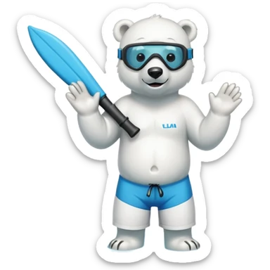 friendly anthropomorphised polar bear standing in a puddle of water, wearing board shorts, scuba mask over eyes with snorkel tube sticker