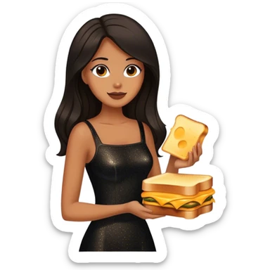 Beautiful woman in 1950’s woman fashion look, black shimmery dress, long dark brown hair, grilled cheese sandwiche sticker