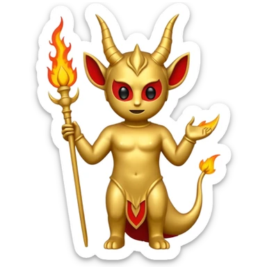 Minimalist emoji-style sticker of a full-body Oscar-like statue in gold color, with subtle devilish elements: small horns on the head, a pointed tail, and fire around the base. Flat design, thick lines, black, gold, and red color palette, silhouette style, centered on white square background. sticker