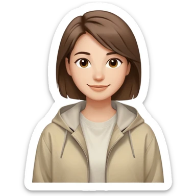 smiling face with soft straight brown hair swept to one side, warm and creative eyes, wearing neutral-toned aesthetic clothing including light oversized jacket and artistic tee, expression conveys positive energy style and originality sticker