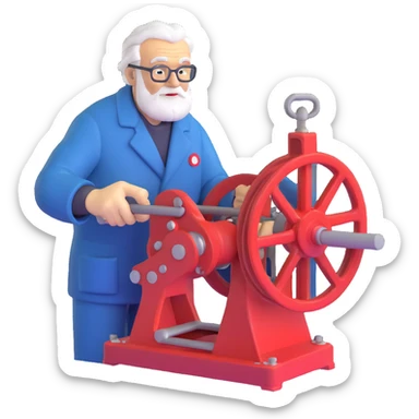 Elderly Russian scientist operating winch equipment on vintage marine geology research ship sticker