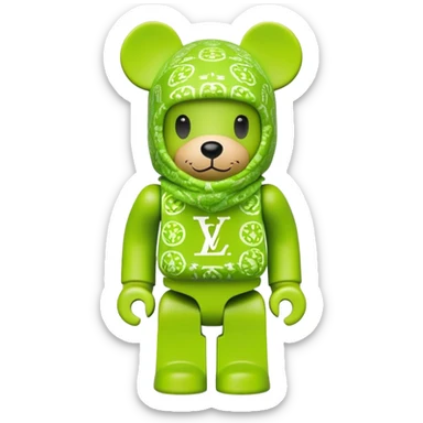 bearbrick toy wearing a lime green balaclava with LV monogram pattern sticker