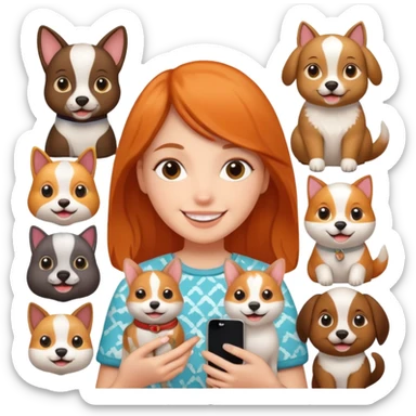 girl holding an iphone case with a pattern with pets faces  sticker