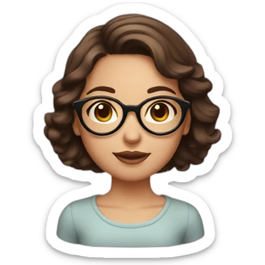 girl with dark brown hair and round rose-golden glasses, rounder face sticker