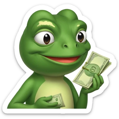 Pepe the frog sniffing a wad of money in his hand and smiling sticker