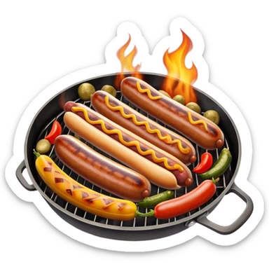 Cinematic Realistic Sausage Sizzle Dish Emoji, featuring sizzling sausages cooking over an open flame rendered with dynamic textures and warm, smoky lighting. sticker
