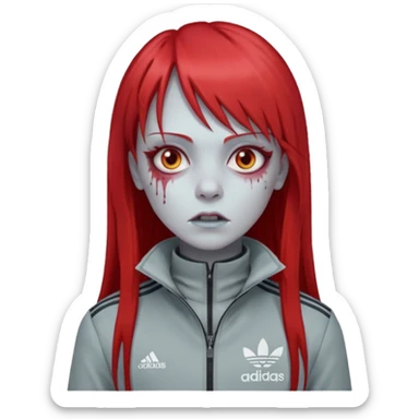 Crie um emoji de uma menina zumbi  com o cabelo vermelho longo com uma franja reta casaco de gola alta da adidas sticker
