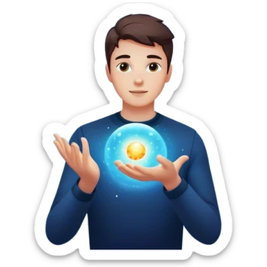A young man floats in space, touching a particle that glows and expands, shaping the universe around him. Each touch creates new light, symbolizing how his choices build his own reality. sticker