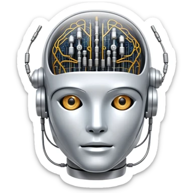 An icon featuring a humanoid robot head, neural network connections, and binary code, symbolizing artificial intelligence. The design includes a brain with circuits and machine learning algorithms, representing the study and development of intelligent systems. Transparent background  sticker