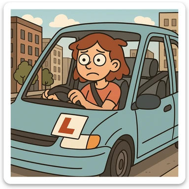 Add a simple city background, keep the learner driver in the car with visible L-plate, cartoon style flat toon illustration. sticker