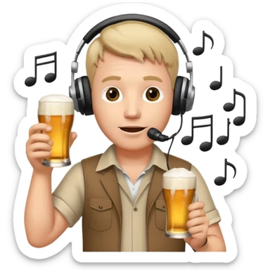 a white male radio presenter wearing headphones, speaking into a microphone, with a beer in his hand and musical notes around him sticker