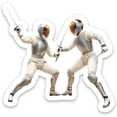 Two fencers in full protective gear and masks duel on a professional piste, swords clashing mid-air. Dynamic lunges and defensive stances highlight the intensity of the sport. The background features a stylized fencing arena with bright lights. Transparent background sticker