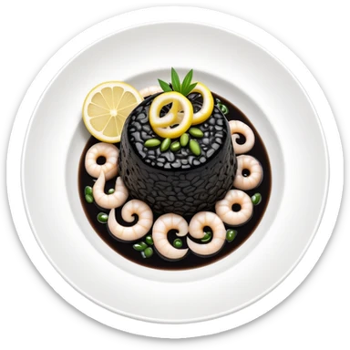 cinematic-realistic-black-risotto-dish,-showcasing-small squid pieces in black sauce -rendered-with-bold-textures-and-dynamic,-dramatic-lighting in a white plate with a grilled lemon on top sticker