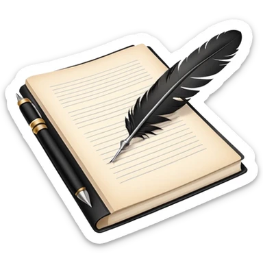 Minimalistic flat vector icon, iOS style, thin black contour on white background. Open script book with a feather pen or clapperboard. No text, no shadows.
 sticker