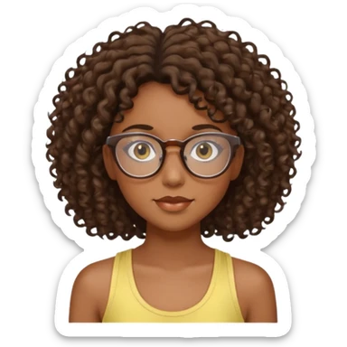 girl with dark skin and brown curly hair and clear glasses, long eyelashes, wearing a light yellow tank top sticker