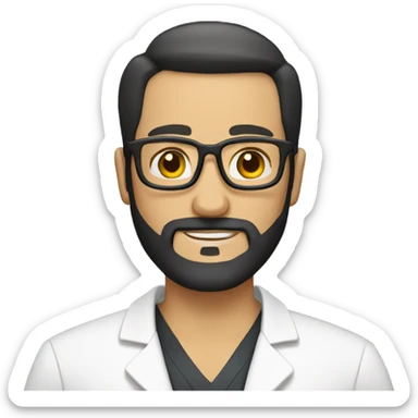 Bald tan male doctor with black beard and a crown sticker