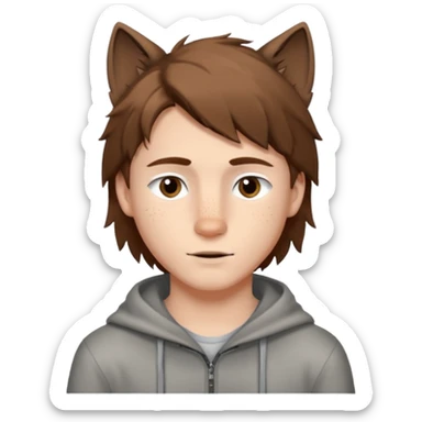 A young white boy with brown hair and eyes, with slightly long, straight and disheveled hair with wolf cut, Make it look aesthetic,  sticker