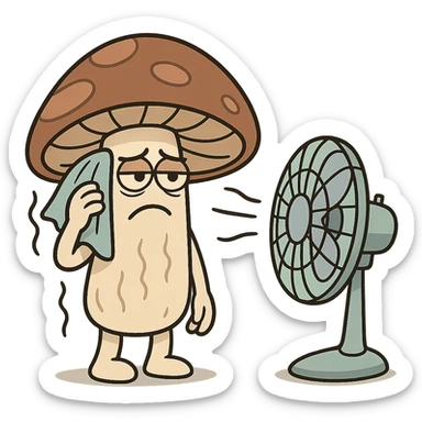 a simple and clear cartoon style illustration of a mushroom being dried with a fan sticker