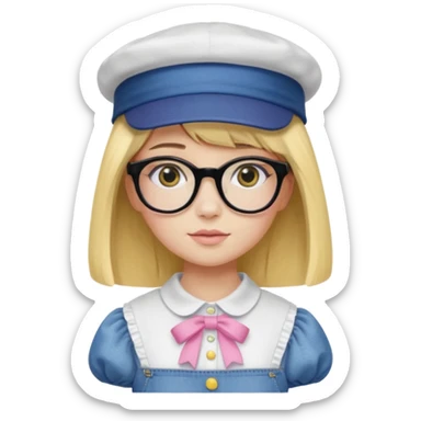 A yellow-skinned girl with medium-long straight hair, flat bangs, black frame glasses, a white puffy sleeve doll shirt, blue jeans and pink shoes, and a black painter's hat. sticker