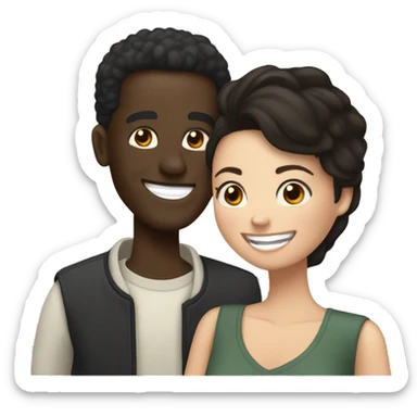 	“A black Somali man with short black hair and a white woman with dark brown hair are laughing together, the woman leaning on his shoulder.” sticker