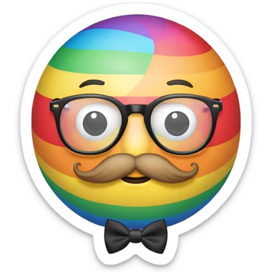 a rainbow ball with no nose  with a mustache and glasses and a bow tie sticker