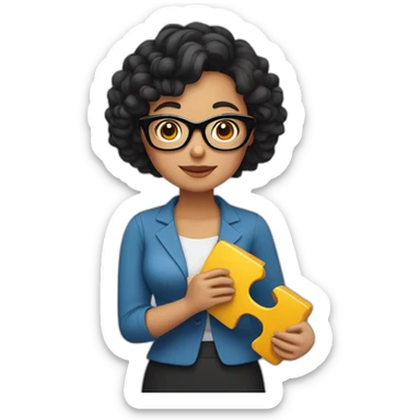 plump woman teacher in glasses with curly black hair holding large puzzles in her hands sticker