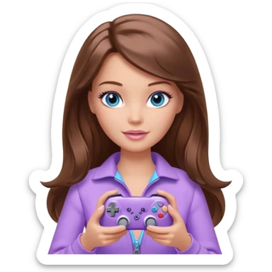 beautiful barbie girl with long brown hair, blue eyes and wearing light purple clothes playing console games with controller sticker