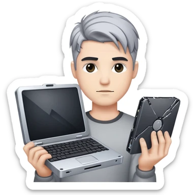A handsome young man who had black/silver hair holding a broken computer sticker