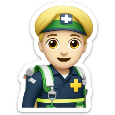 paramedic with a medic bag. White skin, navy uniform, with greenish/yellow medical bag, looks like a queensland ambulance service paramedic sticker