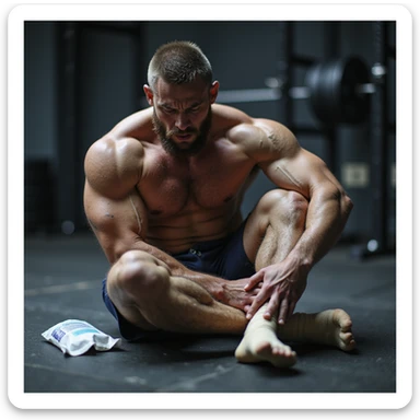 European powerlifter in competition clothing, sitting on the gym floor holding knee with acute pain expression, ice pack and bandage nearby, injury atmosphere, realistic details, gym background. sticker