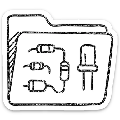 hand-drawn outlined folder icon with electric parts, sketchy style, visible resistors and capacitors sticker