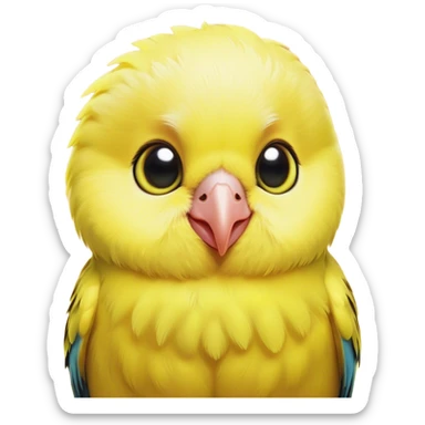 Cinematic Cute Yellow Budgie Portrait Emoji, Head tilted playfully and inquisitively, featuring a radiant yellow feathered fur with a natural sheen, round, sparkling dark eyes filled with curiosity, Simplified yet irresistibly adorable features, highly detailed, glowing with a warm, friendly glow, high shine, affectionate and lively, stylized with a touch of whimsy, bright and endearing, soft glowing outline, capturing the essence of a mischievous yet loving budgie, so playful it feels like it could chirp out of the screen and into your arms! sticker