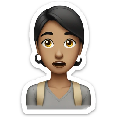 a girl with black hair and thick eyebrows crying on her phone sticker