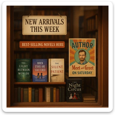 Bookstore window display. A sign displays “New Arrivals This Week”. Below, a shelf tag with the text “Best-Selling Novels Here”. To the side, a colorful poster advertises “Author Meet And Greet on Saturday” with a central portrait of the author. There are four books on the bookshelf, namely “The light between worlds” “When stars are scattered” “The slient patient” “The night circus” sticker