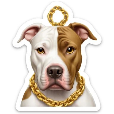 A dog pitbull and wearing big gold chain on that says G sticker