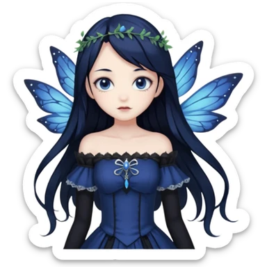 Gothic anime fairy with long beautiful black hair and dark blue dress, pastelcore, sticker