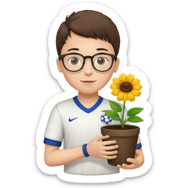 young boy wearing glasses, wearing soccer uniform, holding a flower pot sticker