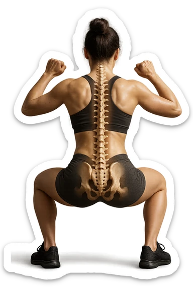 donna di spalle che fa squat con spina dorsale anatomica in evidenza, iperrealistica 4k sticker