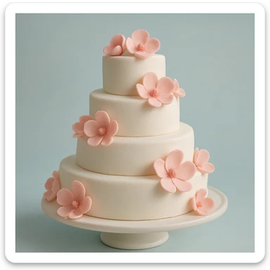 wedding cake with pink fondant flowers and a light blue background sticker