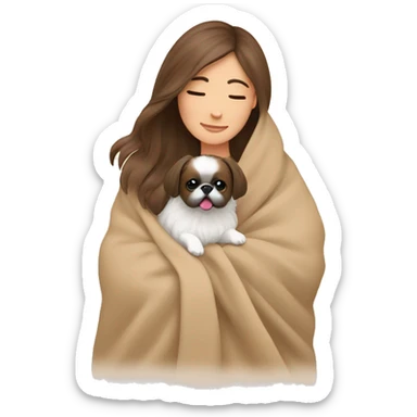 A Women with brown hair is cradling her Pekingese in a beige blanket sticker